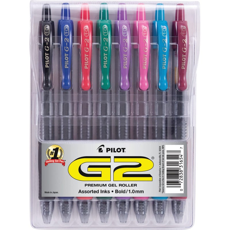 Pilot(R) G-2(TM) Retractable Gel Ink Rollerball Pen, Bold Point, 1.0 mm, Assorted Barrels, Assorted Ink Colors, Pack of 8 - Image 1